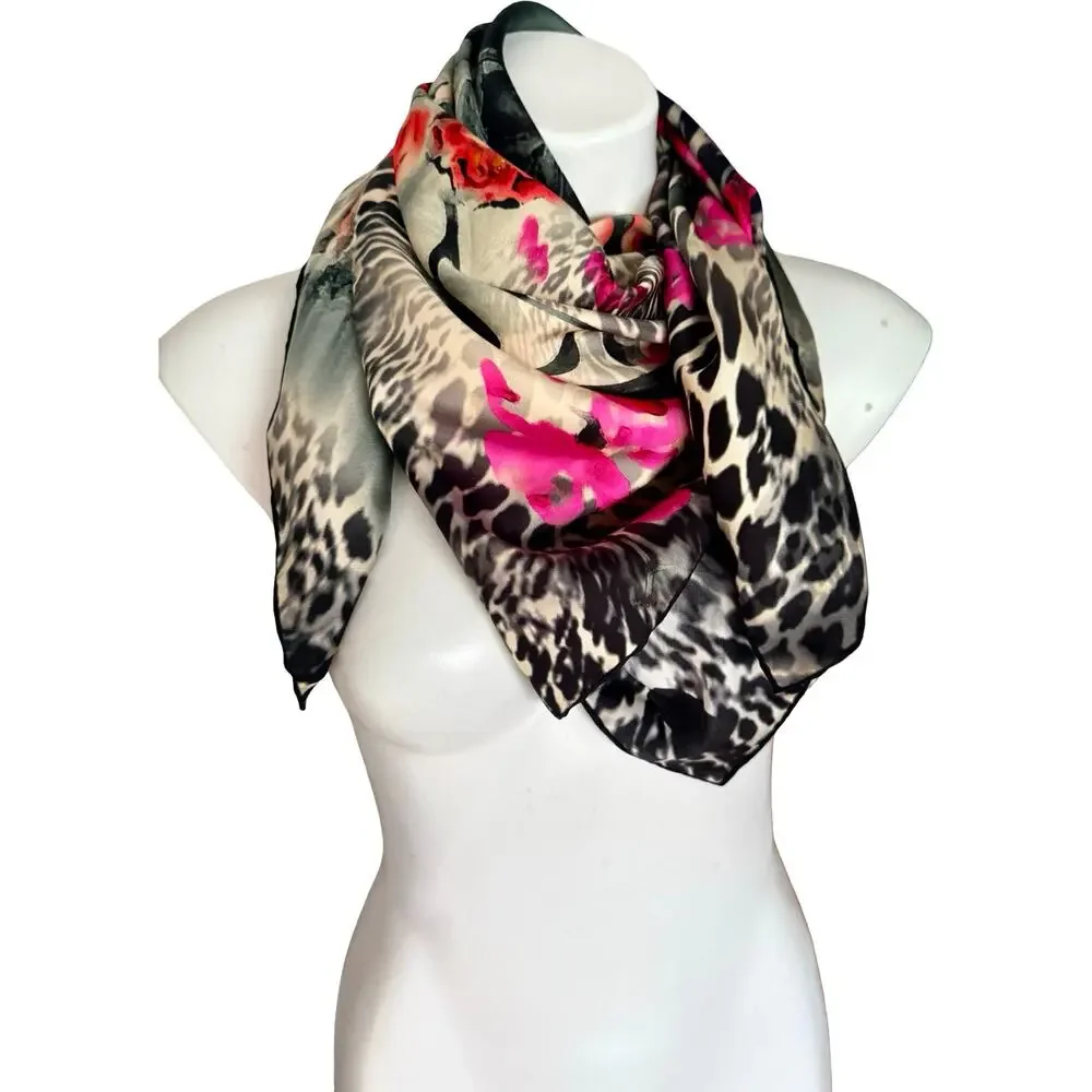 INAINI Silk Scarf Leopard Print Coral Rose Floral Square 35x35